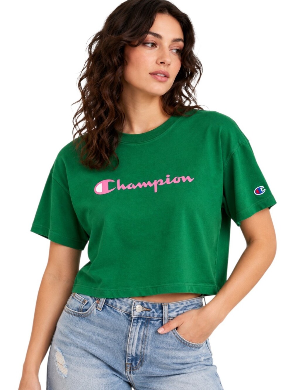Champion Iconic Cropped Tee Green Pink Logo Loose Fit NWT Size M